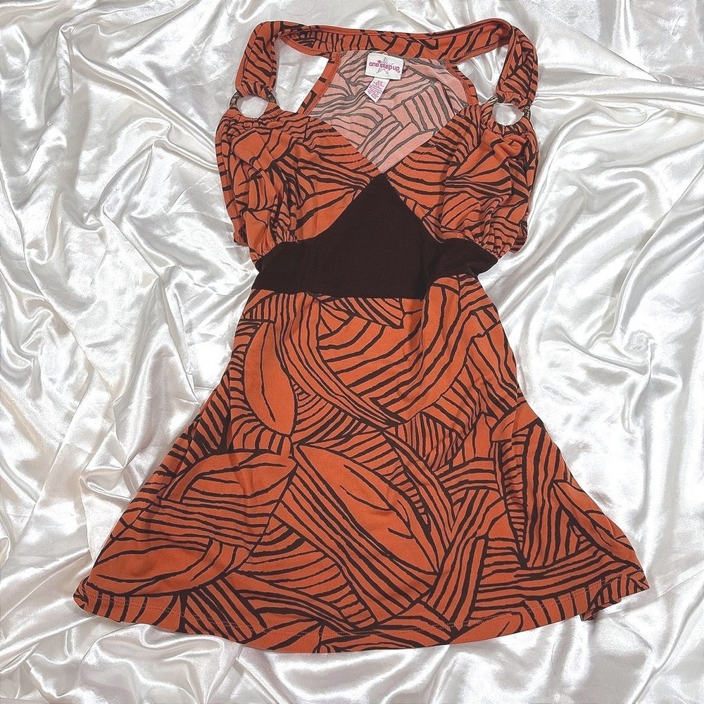 y2k Tunic Top Orange Excellent Abstract O-Ring Empire Waist Sleeveless 2X